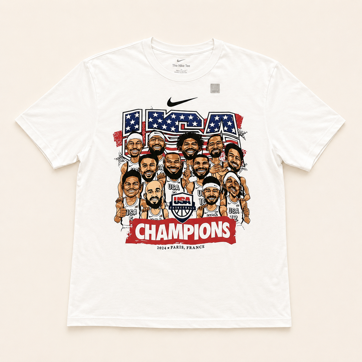 Nike USA Men's Basketball 2024 Olympic Gold Medal Team Caricature T-Shirt White